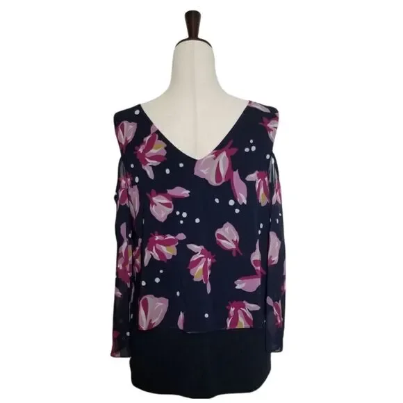 Ellen Tracy Navy Blue Floral Cold Shoulder Double V-neck Layer Blouse Size S - Picture 3 of 8